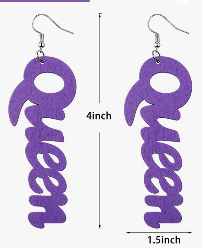 QUEEN African Wooden Dangle Text Earrings Natural Ethnic Earrings