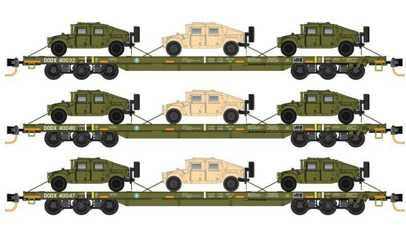 N DODX &#39;Olive Drab&#39; w/- 3 Pack Flatcar with Humvees