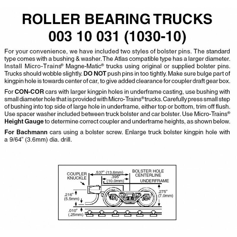 &#39;N&#39; Roller Bearing Trucks w/short coupler-Bulk Pack (10)