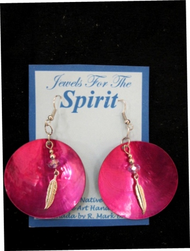 Pink Abalone shell earrings w/ sterling silver feather