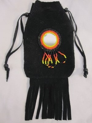 Large Black Leather Hand Beaded Tobacco Pouch with Mirror and Fire Colors