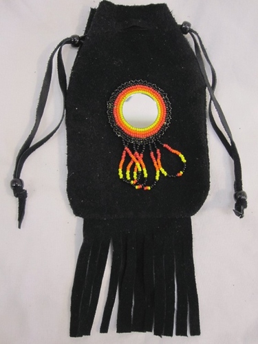 Large Black Leather Hand Beaded Tobacco Pouch with Mirror and Fire Colors