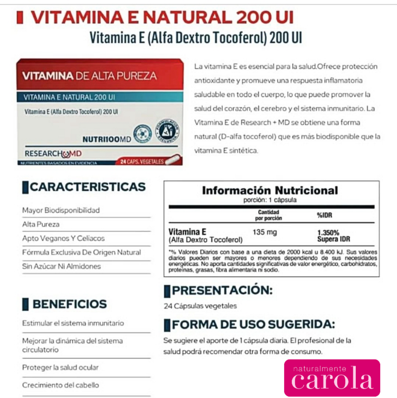 VITAMINA E NATURAL (Alfa dextro tocoferol) 200UI x24caps.vegetales.