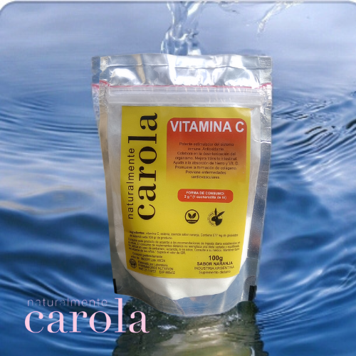 VITAMINA C PURA 100gr. En polvo. Sabor naranja con stevia. Sin colorantes artificiales.