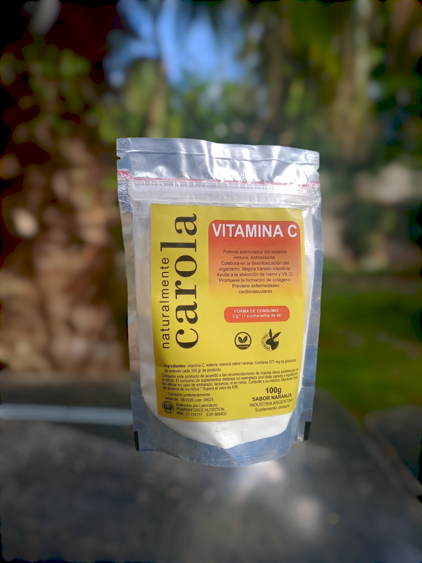 VITAMINA C PURA 100gr. En polvo. Sabor naranja con stevia. Sin colorantes artificiales.