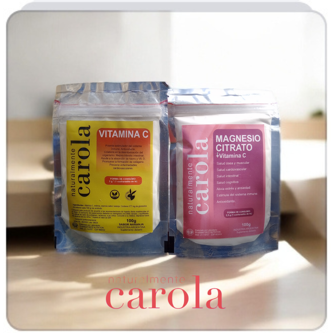 COMBO ACIDO ASCORBICO 100gr (vit C pura)sabor naranja sin colorante + CITRATO DE MAGNESIO 100gr puro ( con vit C sabor naranja)