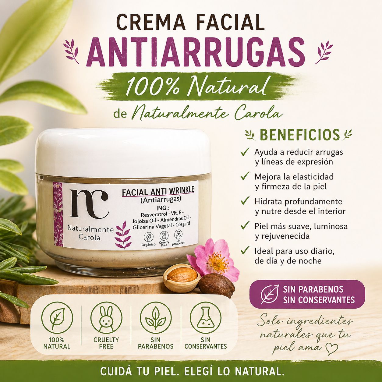 Crema Antiarrugas 100 % natural NaturalmenteCarola