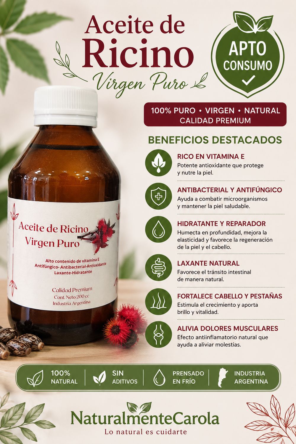 Aceite de Ricino Extra Virgen prensado en frio apto consumo