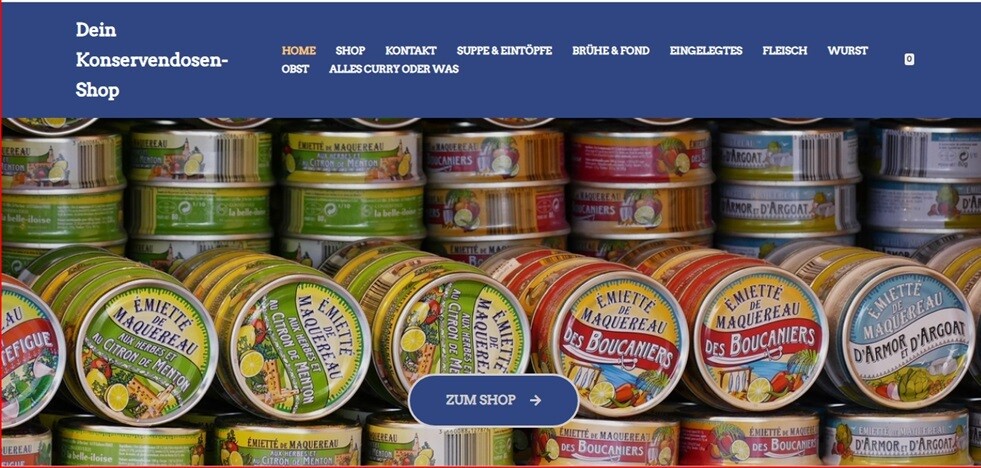 Webprojekt Webseite Shop  Homepage Konservendosen mit ca. 2070 Produkten