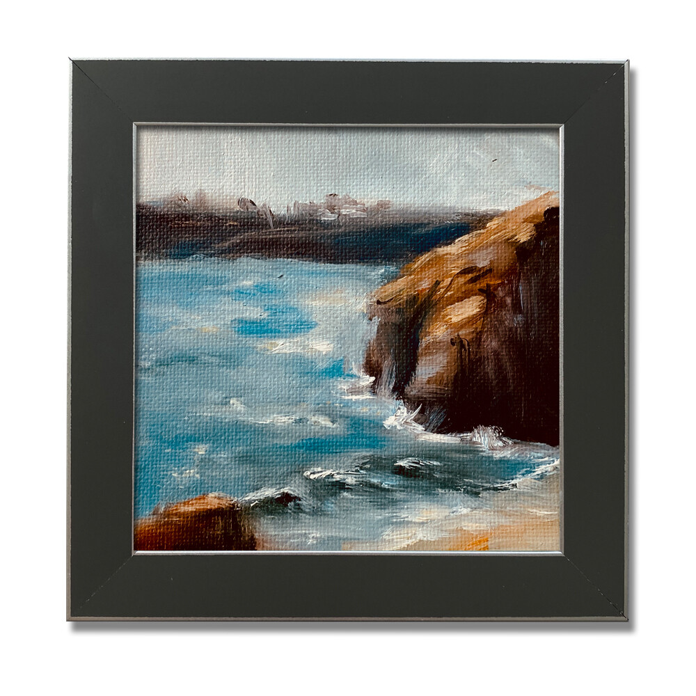 Meerbild mit Felsen und Strand im Rahmen 12,5x12,5 cm