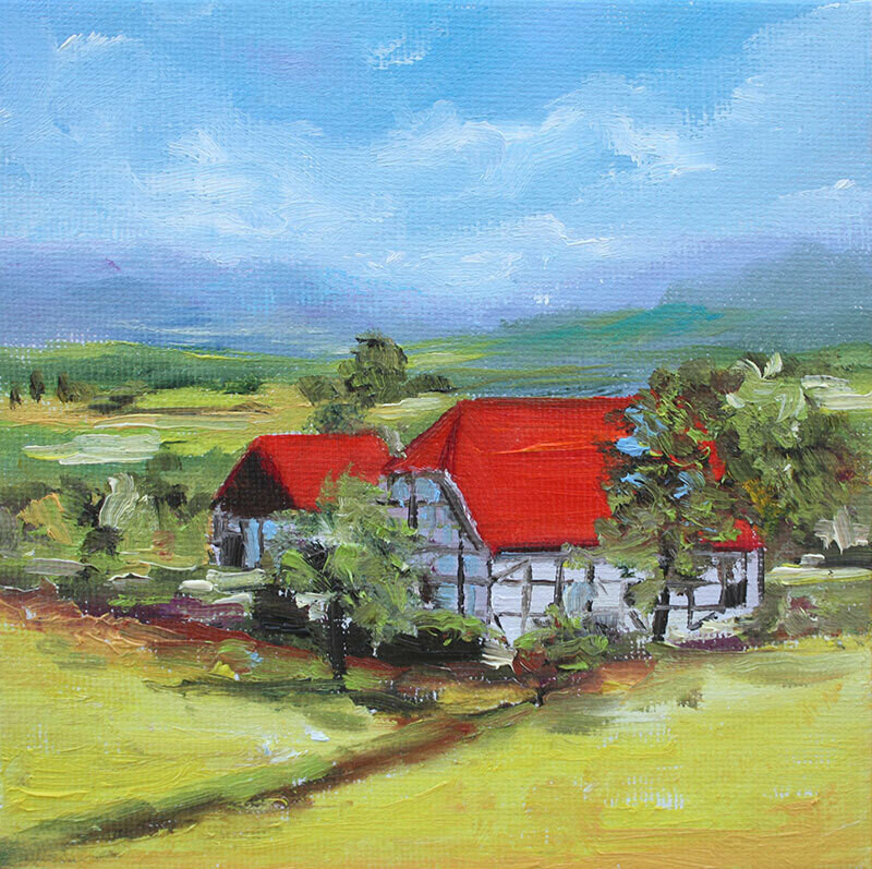 Bild Landschaft mit Bauernhaus 15x15 cm