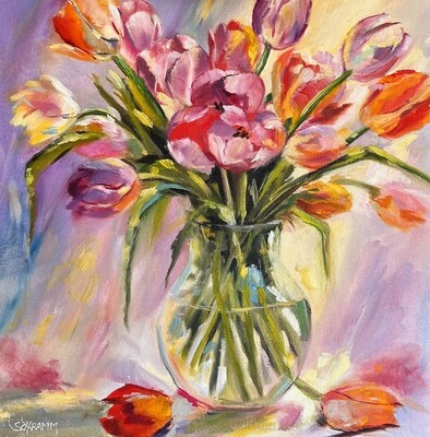 Tulpen Bild im Rahmen Original Gemälde Blumenbild 30x30 cm