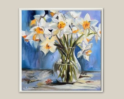 Narzissen Bild im Rahmen Original Gemälde Blumenbild 30x30 cm