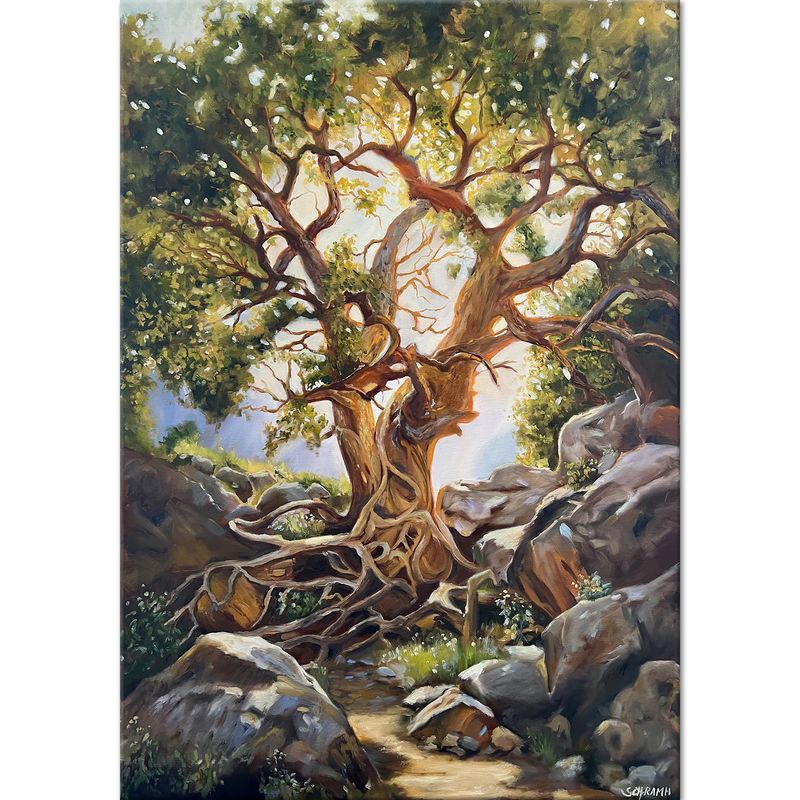 Alte Eiche Baum Original Gemälde gerahmt 100x70 cm