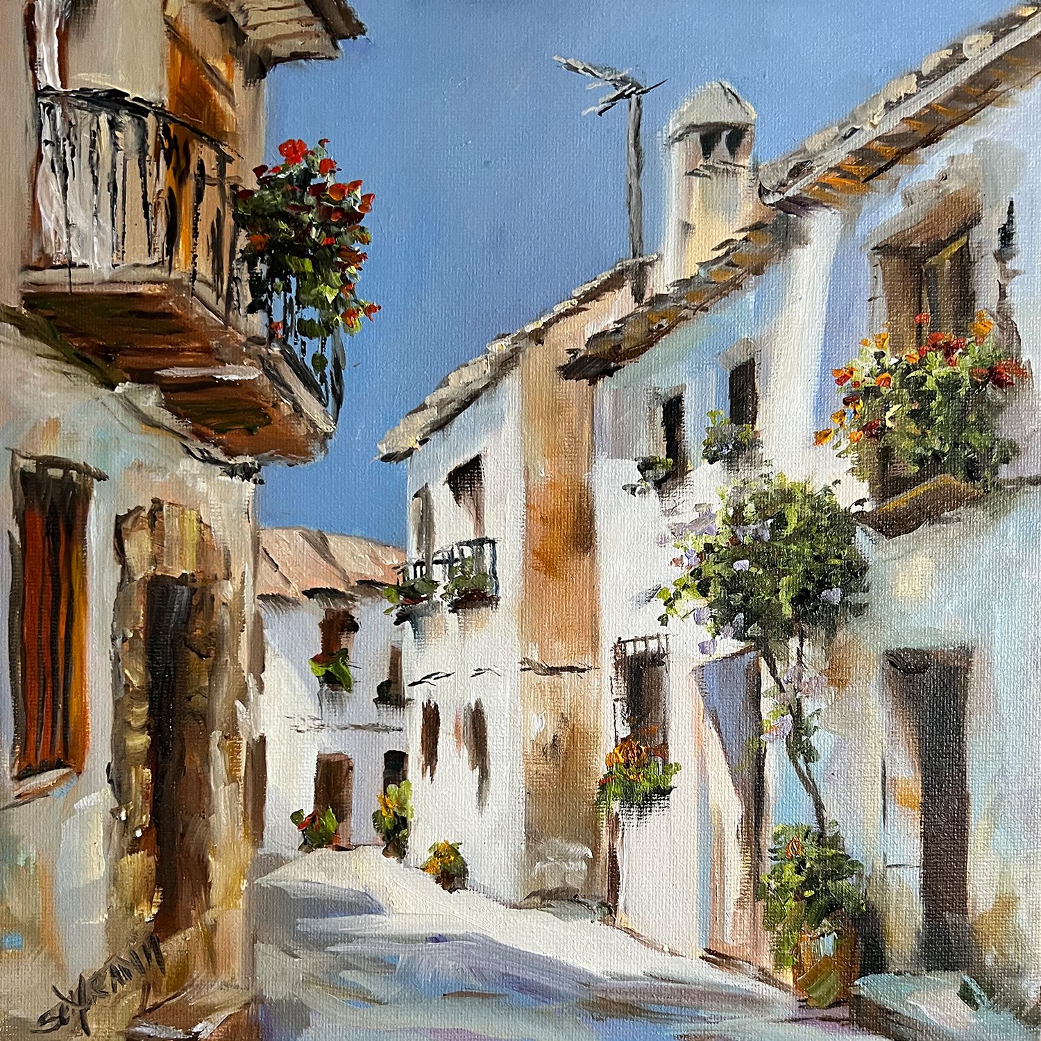 Gasse im Süden/Spanien Original Gemälde 25x25 cm