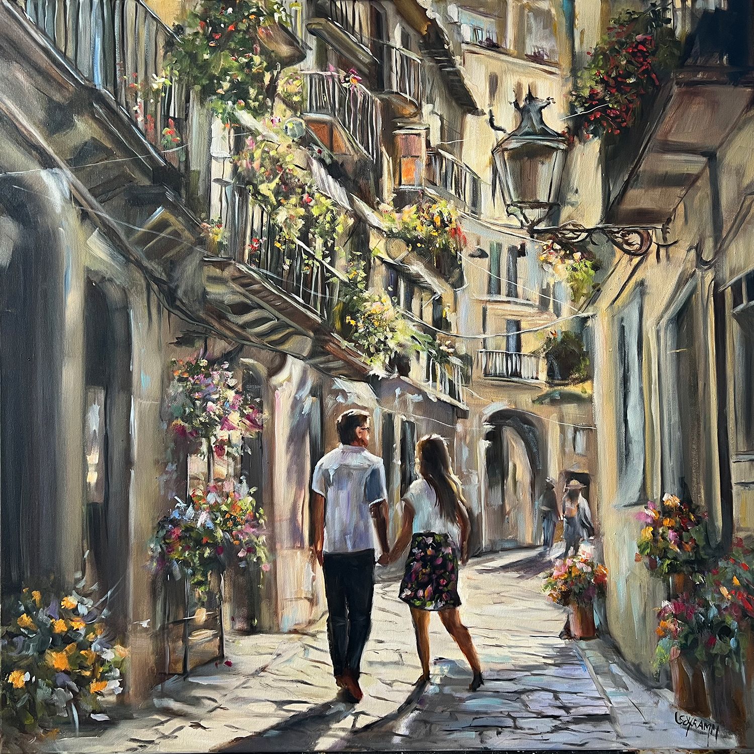 Südliche Gasse Original Gemälde 80x80 cm