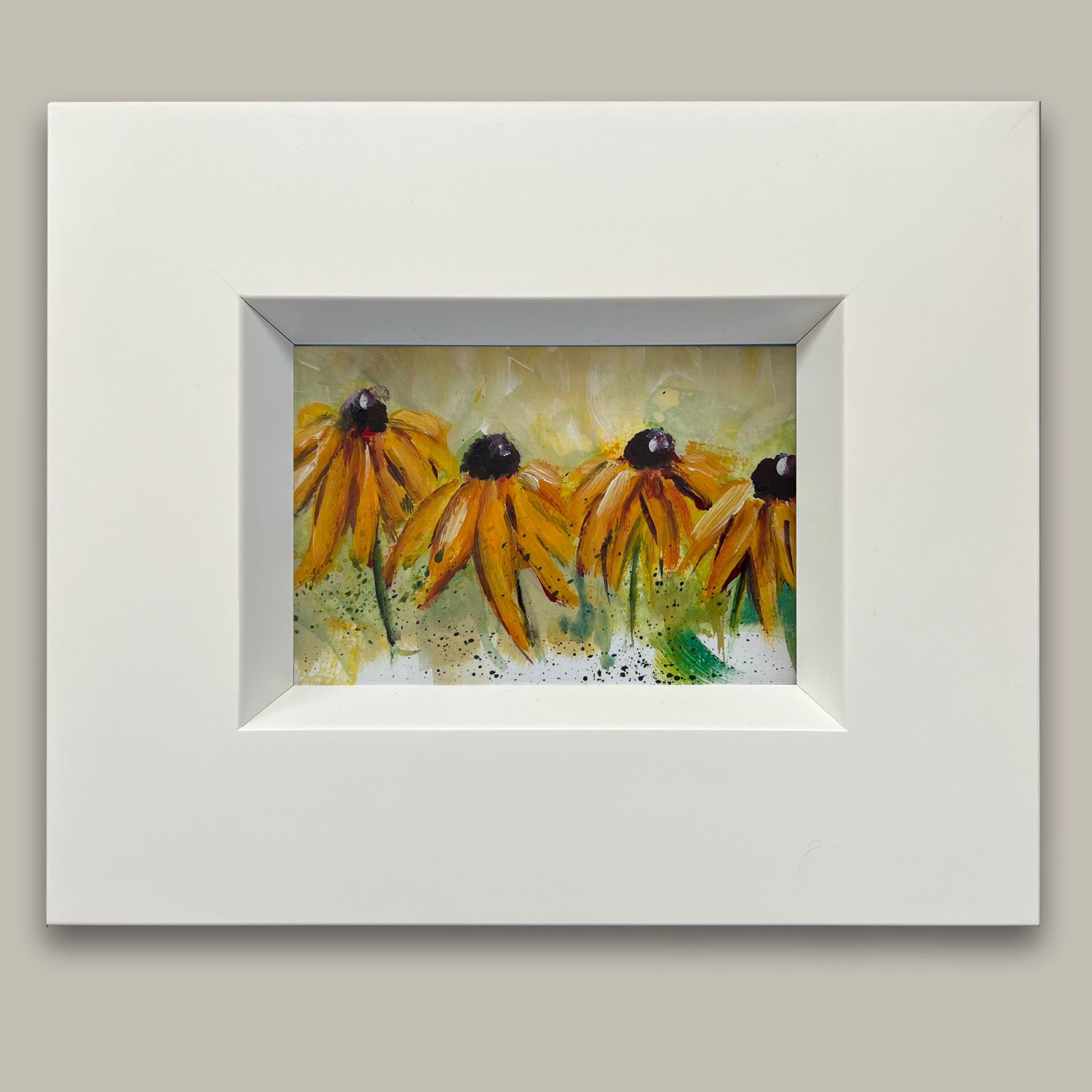 Gelbe Blumen Original Bild im Holzrahmen 28 x 23 cm