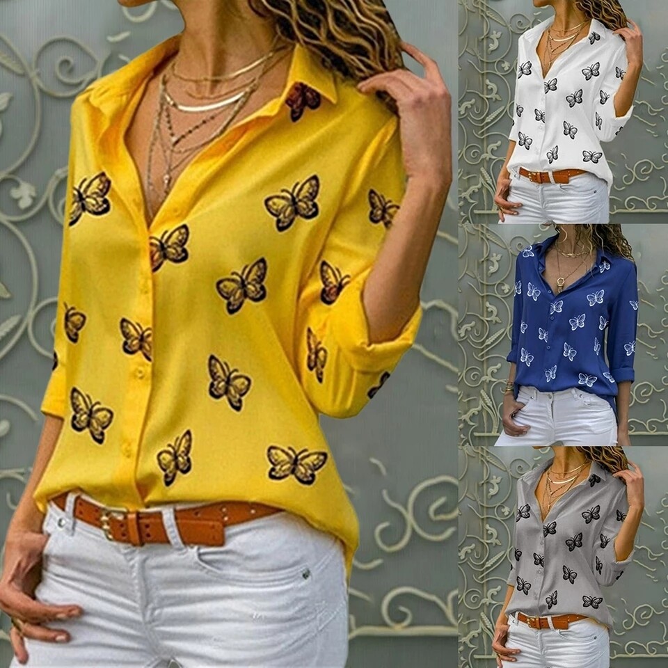 Fassion women&#39;s butterfly print blouse shirt 2021 spring summer casual long sleeve v neck ladies buttons top loose blouse