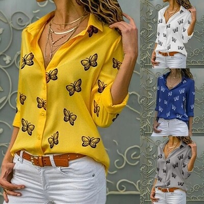 Fassion women&#39;s butterfly print blouse shirt 2021 spring summer casual long sleeve v neck ladies buttons top loose blouse