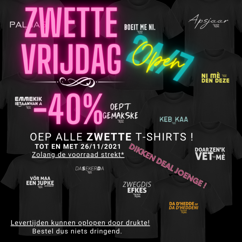Zwette Vrijdag DEAL - Zwarte T-shirts naar keuze. Zwette Vrijdag DEAL - Zwarte T-shirts naar keuze.