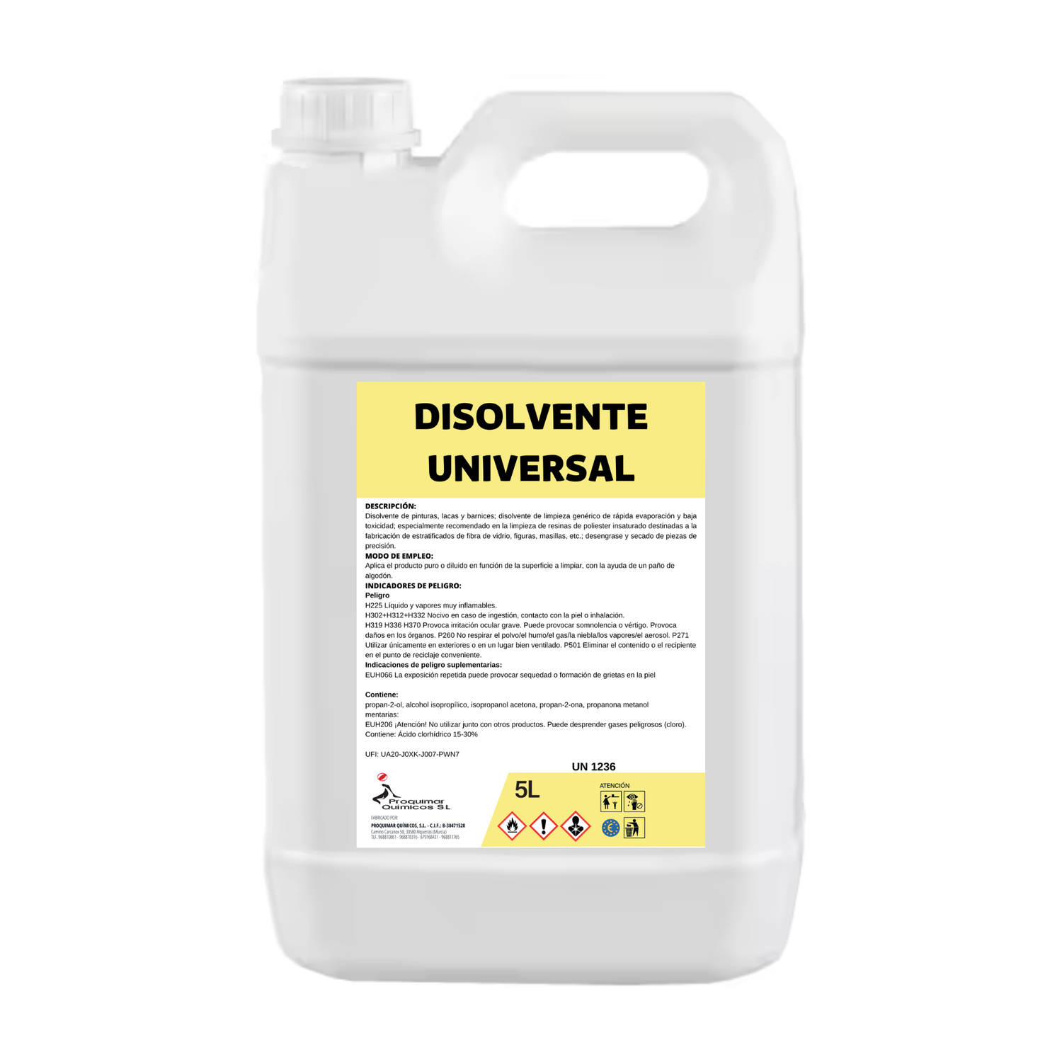 Disolvente Universal Proquimar | Disolvente, Diluyente y Limpiador | Pintura, Esmaltes, Barnices, Limpieza de herramientas | 5 Litros