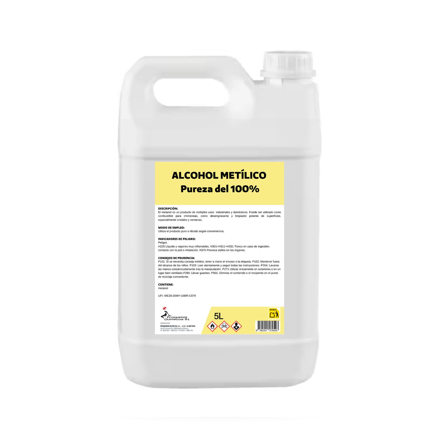 Proquimar | Alcohol Metílico 5L – Combustible para Chimeneas y Barbacoas | Disolvente Industrial | Desengrasante y Limpiador de Superficies