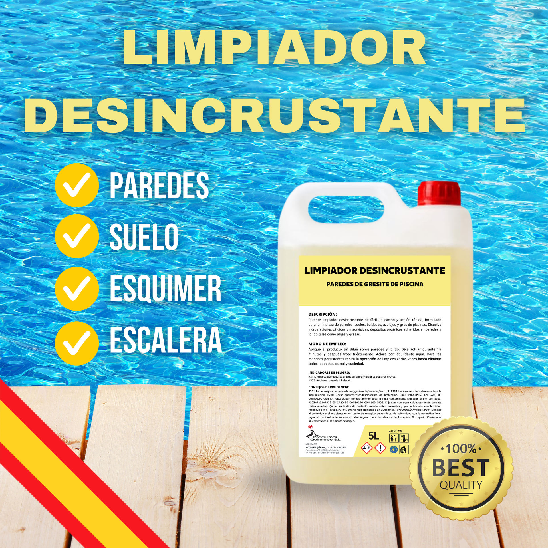 Limpiador Desincrustante para Piscinas 5L – Limpieza Total Profesional | Elimina Suciedad Incrustada, Óxido y Cal | Ideal para Piscinas de Obra, Gresite y Azulejo