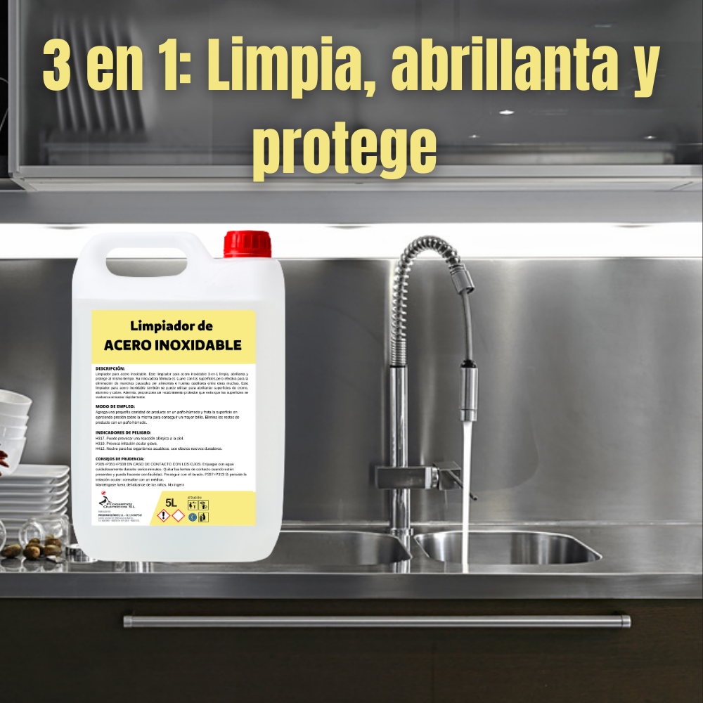 Limpiador de acero inoxidable | 3 en 1: Limpia, abrillanta y protege | Elimina la cal | Para todo tipo de superficies metálicas | Calidad Profesional | Garrafa de 5 litros