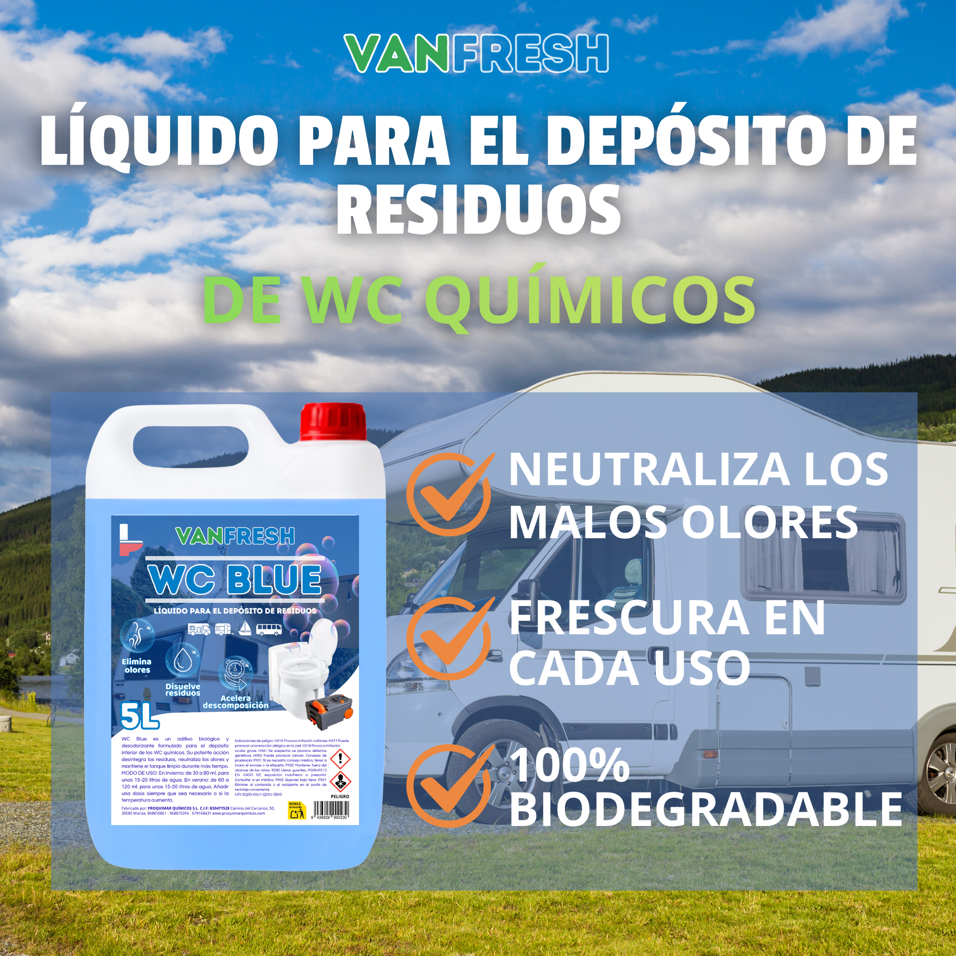 Vanfresh WC Blue – Líquido para Depósito de WC Químico 5L | Aroma Fresco, Limpieza y Control de Olores para Inodoros Portátiles, Autocaravanas y Camping