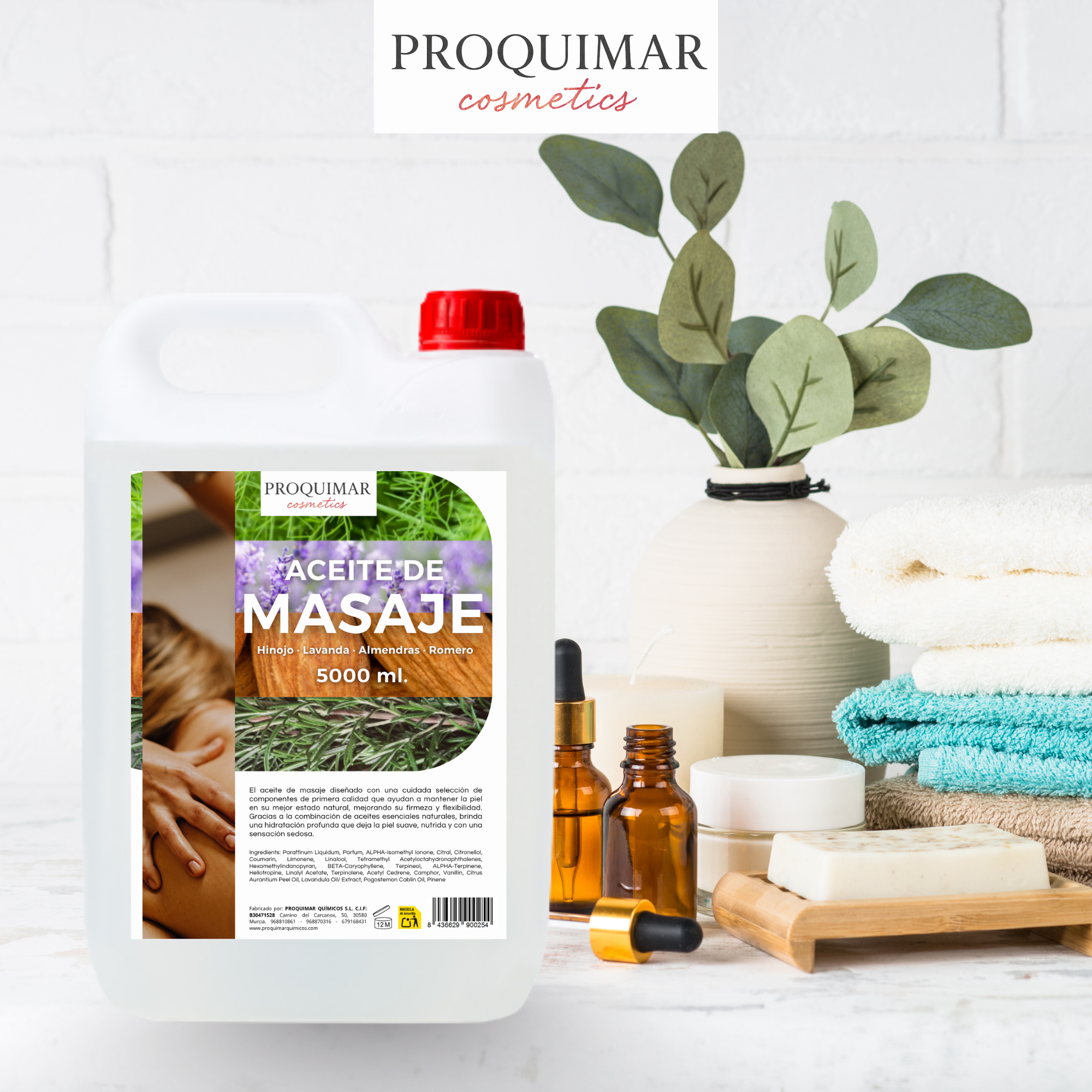 Aceite de Masaje con Romero, Almendra, Lavanda e Hinojo – Relajante, Revitalizante y Aromático – Textura Suave, Hidratante y Profesional – 5 Litros