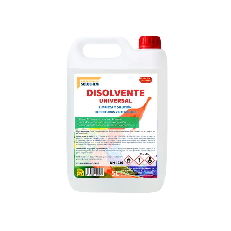 Disolvente Universal Proquimar | Disolvente, Diluyente y Limpiador | Pintura, Esmaltes, Barnices, Limpieza de herramientas | 5 Litros Disolvente Universal Proquimar | Disolvente, Diluyente y Limpiador | Pintura, Esmaltes, Barnices, Limpieza de herramientas | 5 Litros