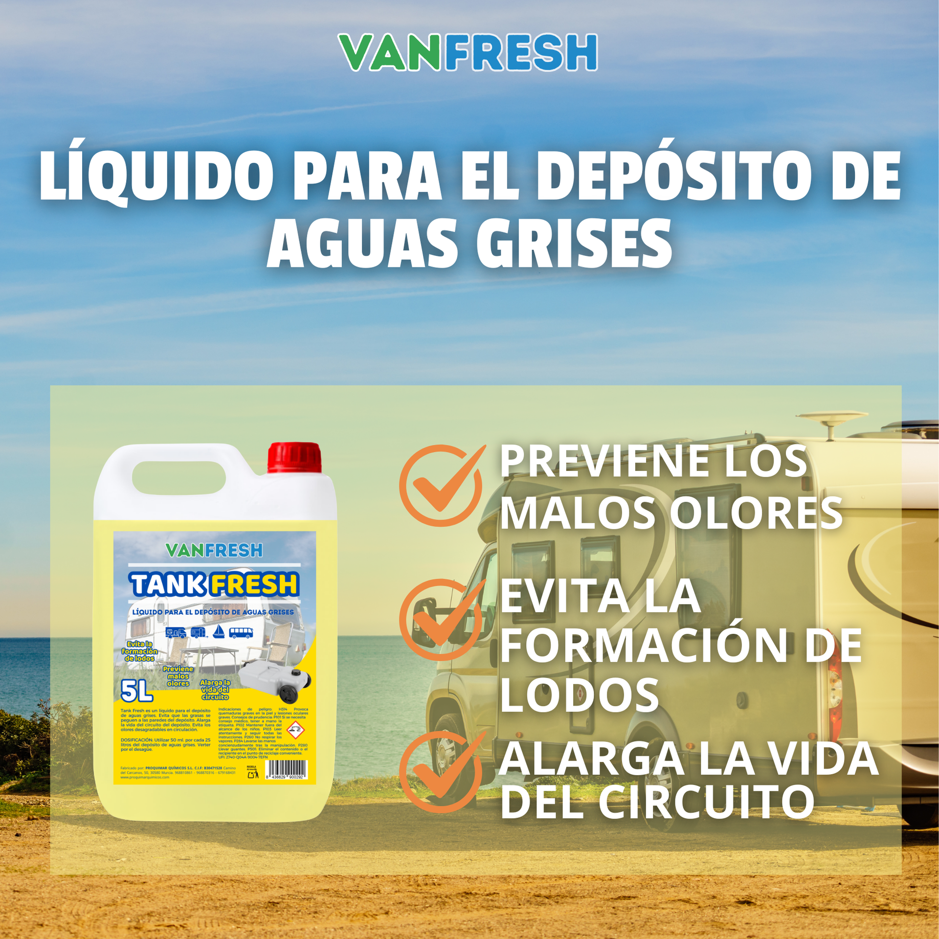 VanFresh Tank Fresh – Líquido para Depósito de Aguas Grises 5L | Elimina Malos Olores, Limpieza y Mantenimiento de Tanques de Autocaravanas, Caravanas y Barcos | Alta Eficacia y Acción Prolongada