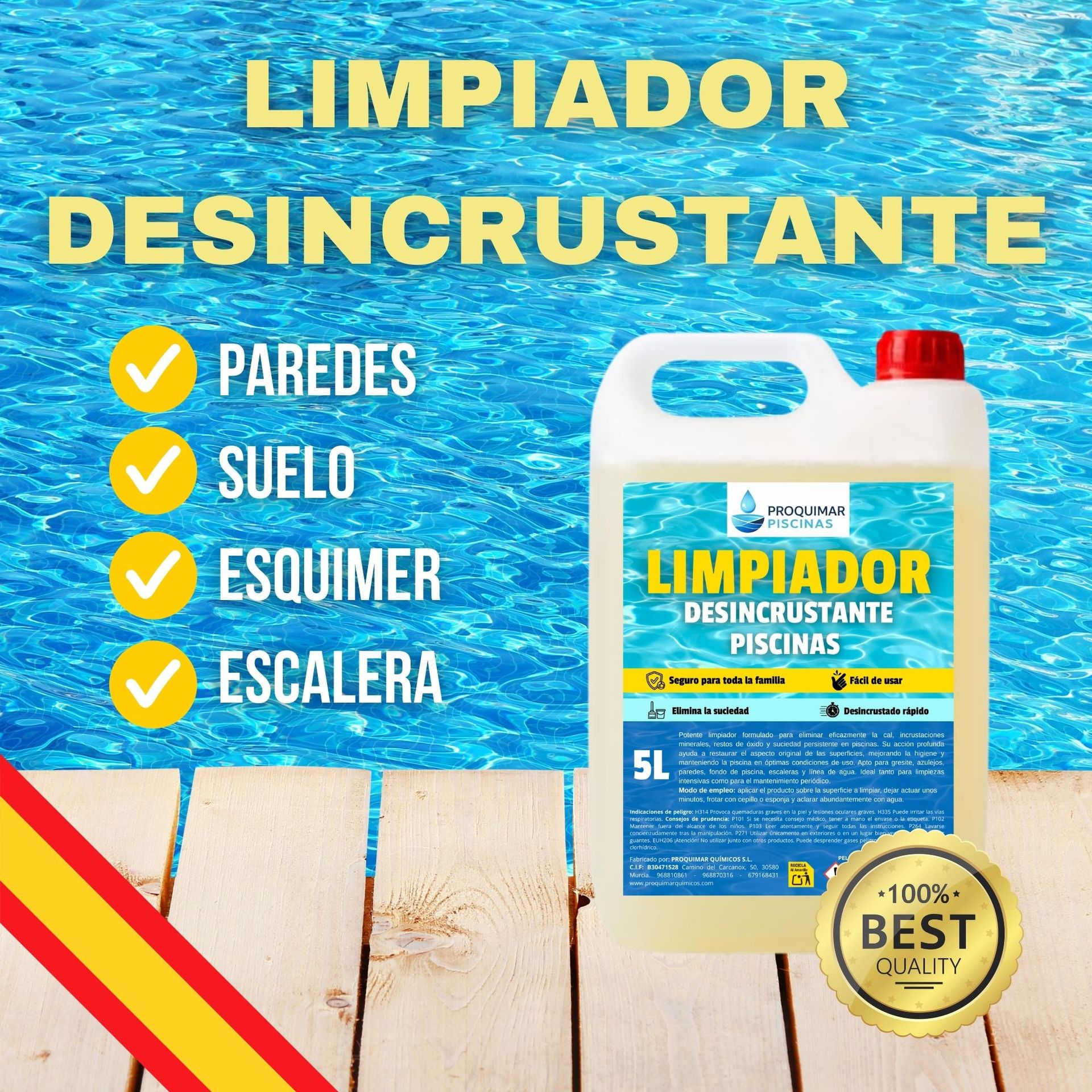 Limpiador Desincrustante para Piscinas 5L ā Limpieza Total Profesional | Elimina Suciedad Incrustada, Ćxido y Cal | Ideal para Piscinas de Obra, Gresite y Azulejo