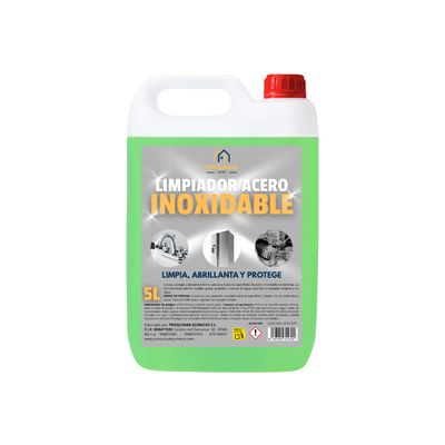 Limpiador de acero inoxidable | 3 en 1: Limpia, abrillanta y protege | Elimina la cal | Para todo tipo de superficies metálicas | Calidad Profesional | Garrafa de 5 litros