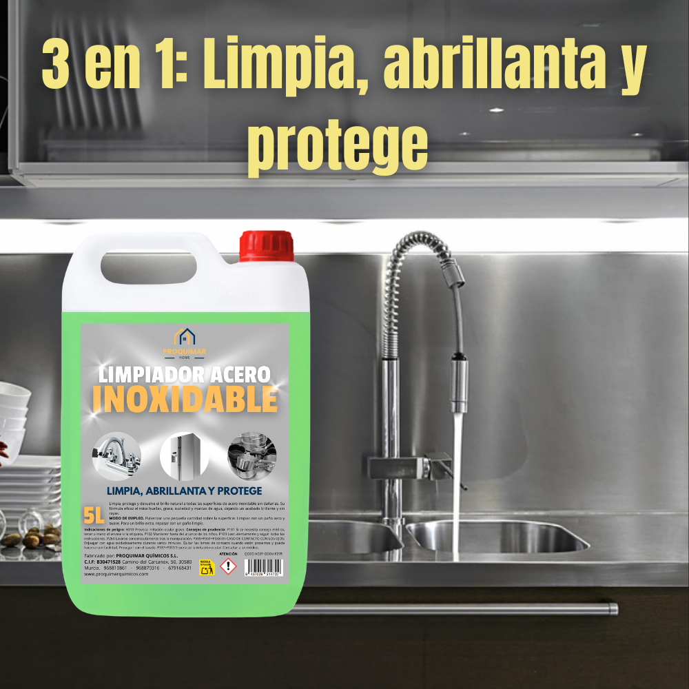 Limpiador de acero inoxidable | 3 en 1: Limpia, abrillanta y protege | Elimina la cal | Para todo tipo de superficies metƔlicas | Calidad Profesional | Garrafa de 5 litros