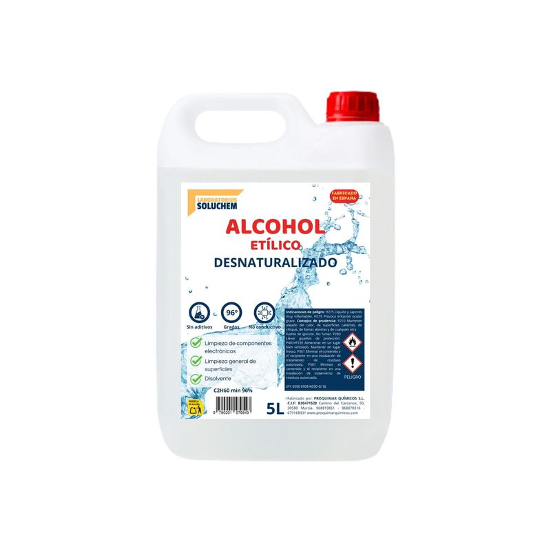 Alcohol Etílico Desnaturalizado 96º - Limpieza de Superficies, Disolvente, Electrónica – 5 Litros