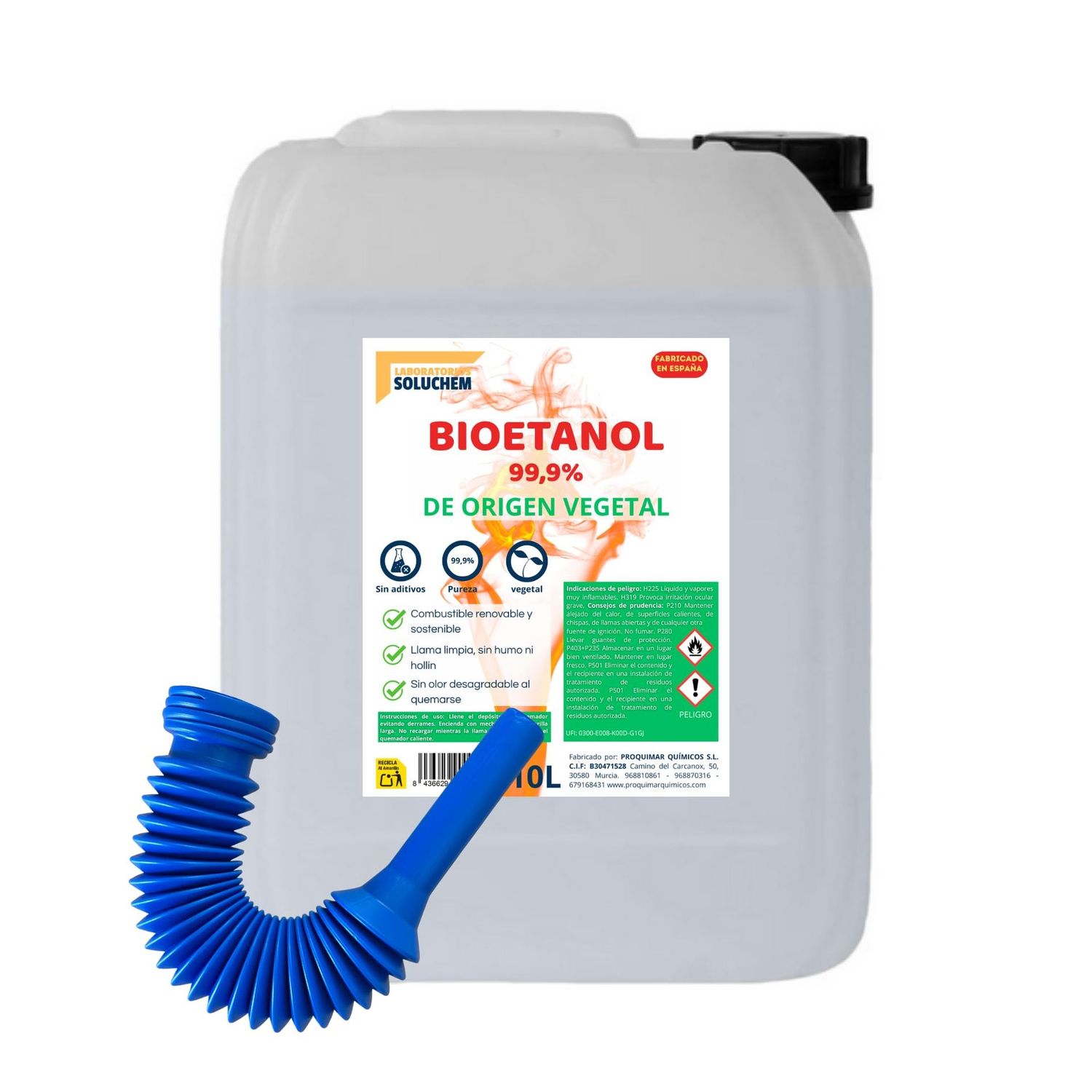 Bioetanol 99,9% Origen Vegetal | Combustible Limpio para Chimeneas de Bioetanol | Sin Humo ni Olor | Alta Pureza | Ecológico y Renovable | Apto para Quemadores y Estufas de Bioetanol (10 Litros)