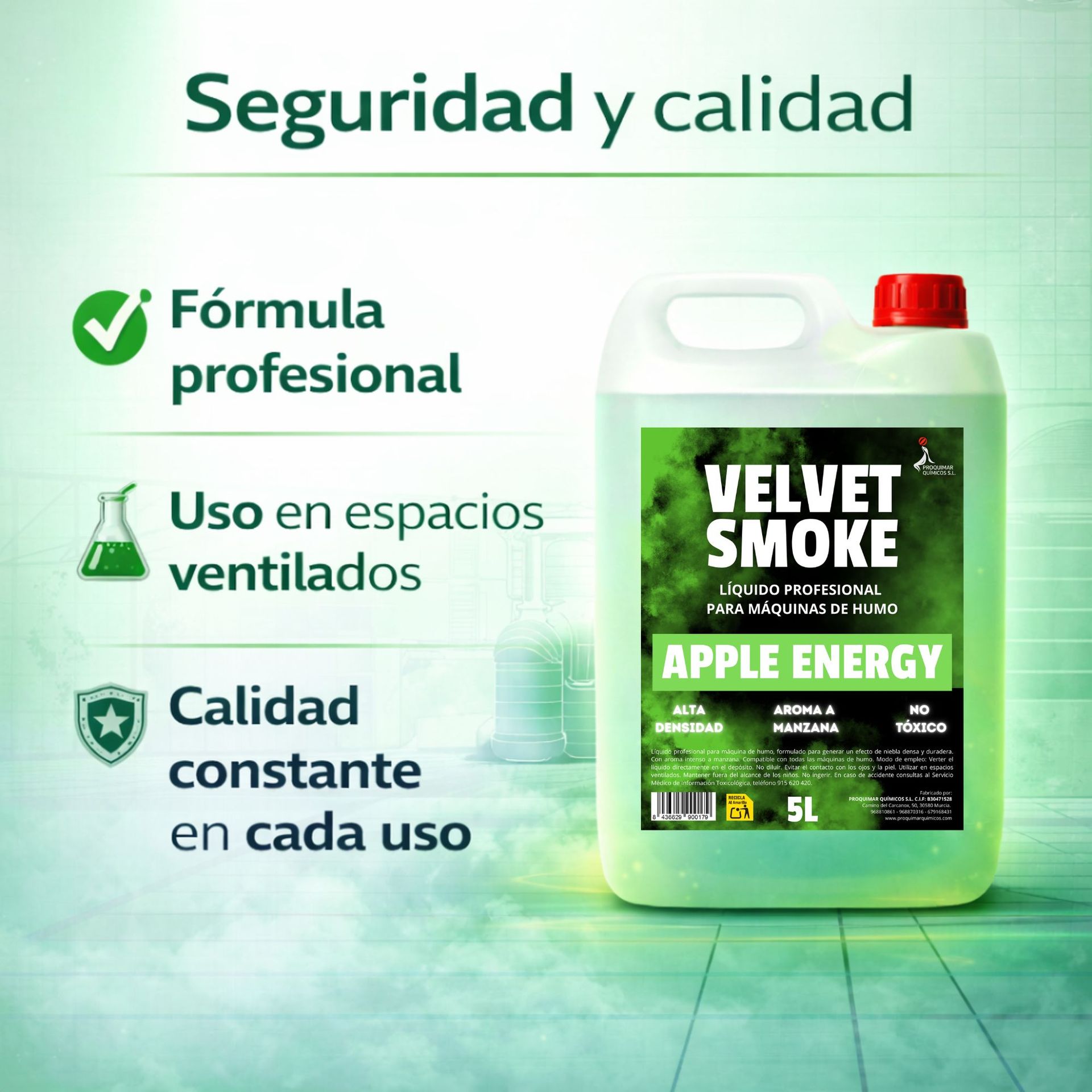 Velvet Smoke - LĆquido para MĆ”quina de Humo Alta Densidad | 5 litros | LĆquido Maquina de Humo para Navidad, Nochevieja y Fiestas |100% Natural | Sin residuos | Green Apple