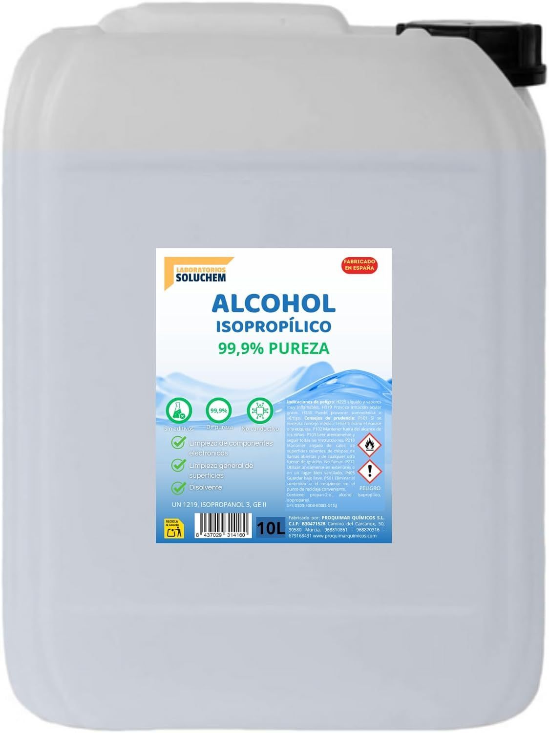Alcohol Isopropílico 99,9% Puro – Limpieza Técnica de Electrónica, Óptica y Superficies – Varios formatos – Evaporación Rápida, Sin Residuos (10 Litros)