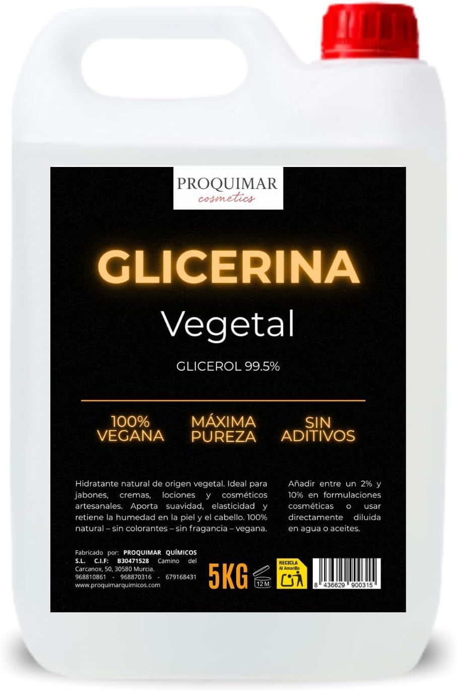 Glicerina Vegetal - Hidratante Natural para Piel, Jabones, Cosmética, Vapers y Productos Caseros - 5L