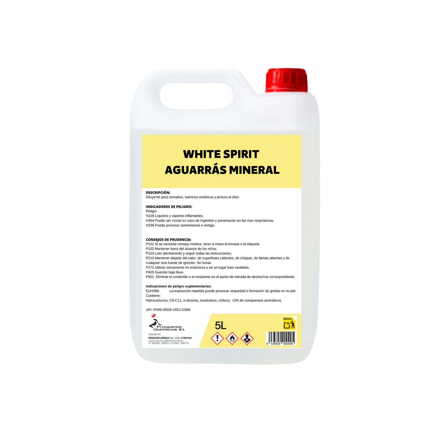 Aguarrás Mineral White Spirit 5 Litros | Diluyente para Pinturas al Óleo, Esmaltes y Barnices Sintéticos | Limpieza de Brochas, Rodillos y Herramientas