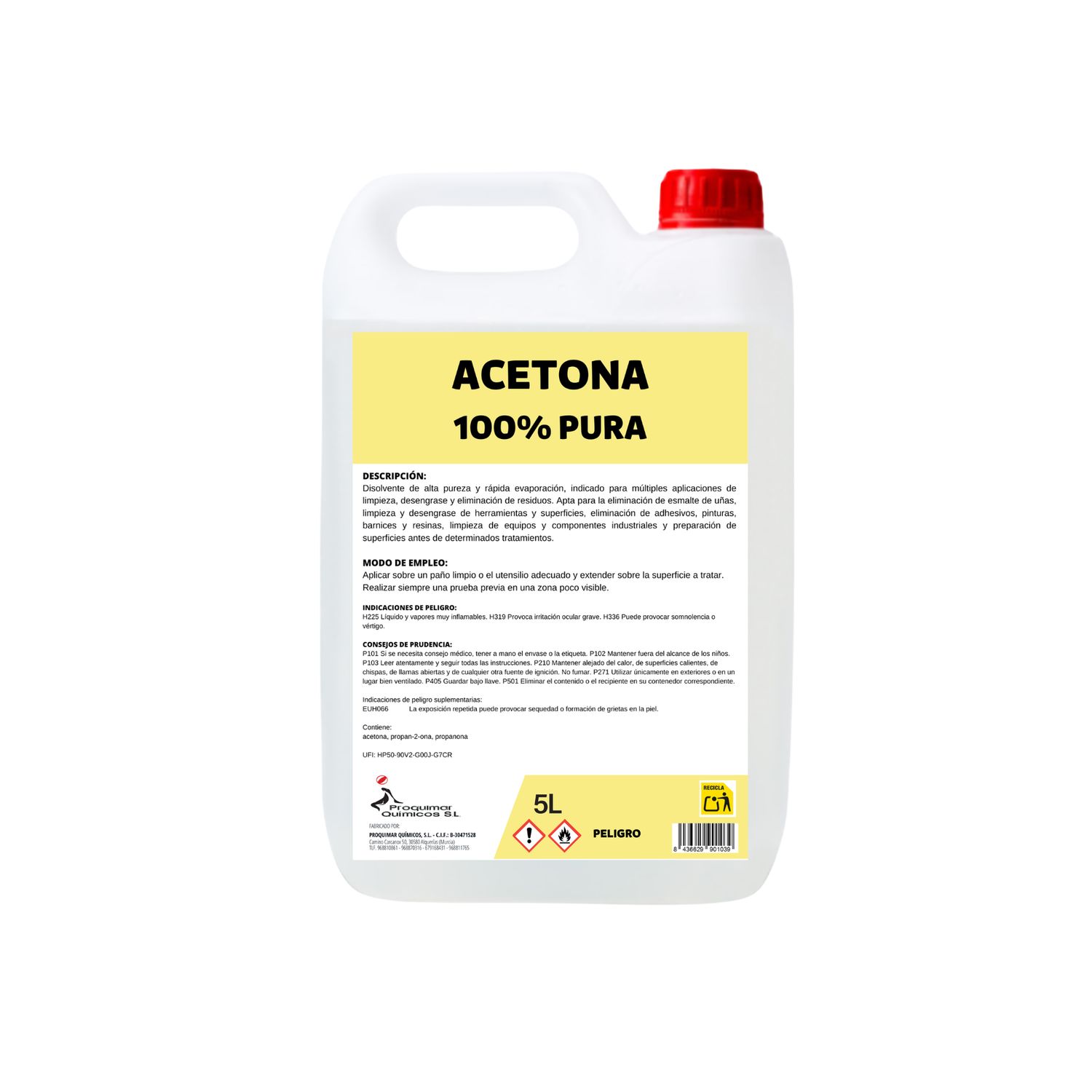 Acetona 100% Pura 5 Litros – Disolvente para Limpieza, Desengrase, Eliminación de Adhesivos, Resinas, Pinturas y Esmalte de Uñas