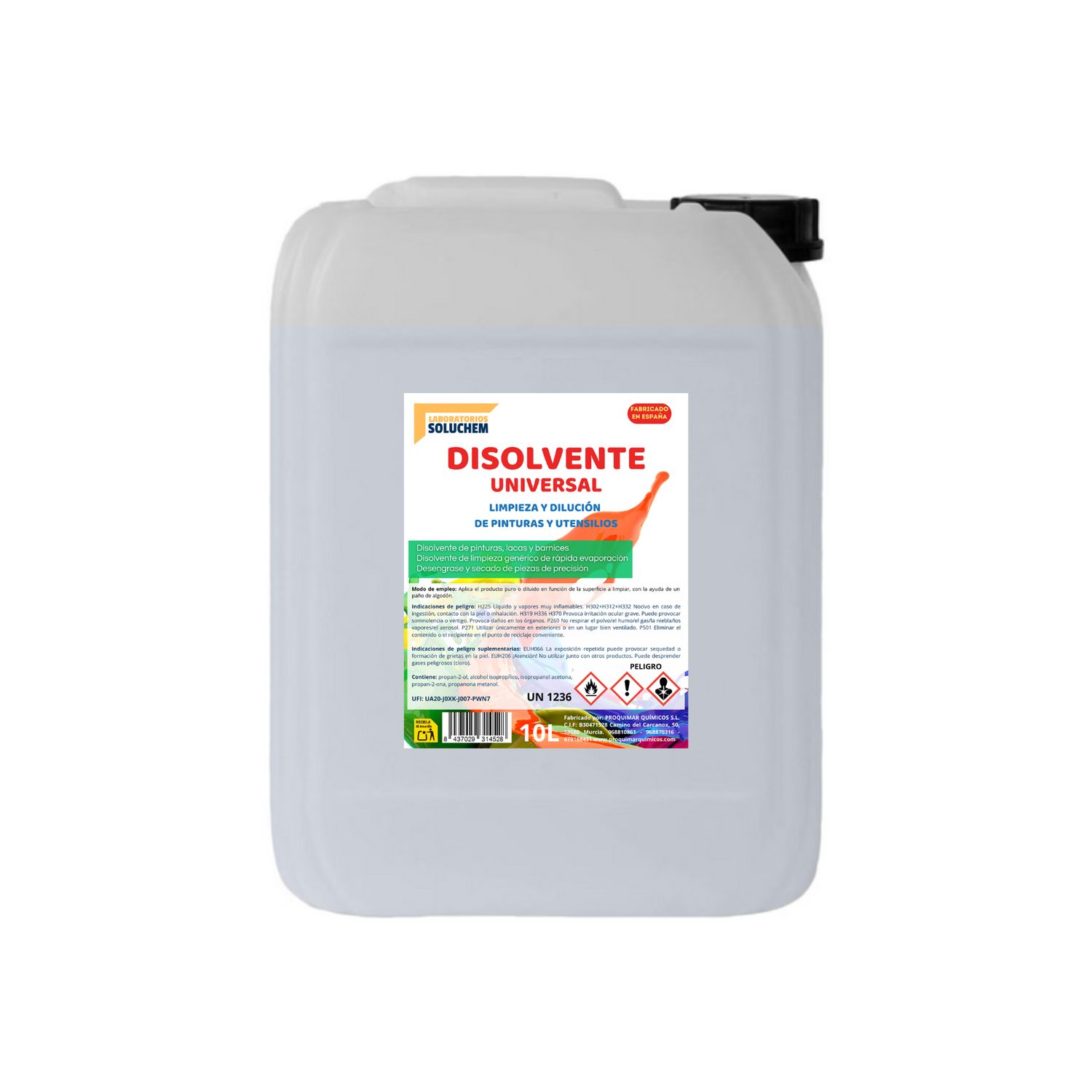 Disolvente Universal Proquimar | Disolvente, Diluyente y Limpiador | Pintura, Esmaltes, Barnices, Limpieza de herramientas (10 Litros) Disolvente Universal Proquimar | Disolvente, Diluyente y Limpiador | Pintura, Esmaltes, Barnices, Limpieza de herramientas (10 Litros)