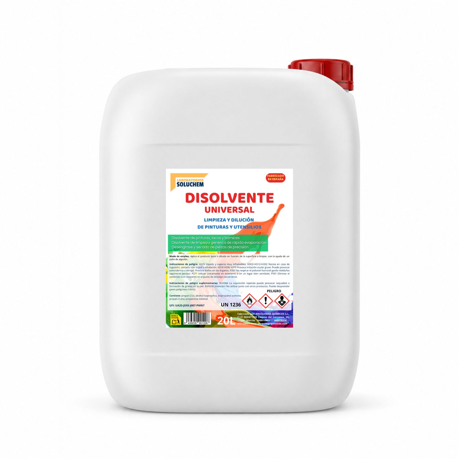 Disolvente Universal 20 L | Diluyente para Pinturas, Lacas y Barnices | Limpieza de Brochas, Rodillos y Utensilios | Desengrasante de Rápida Evaporación | Uso Profesional Disolvente Universal 20 L | Diluyente para Pinturas, Lacas y Barnices | Limpieza de Brochas, Rodillos y Utensilios | Desengrasante de Rápida Evaporación | Uso Profesional