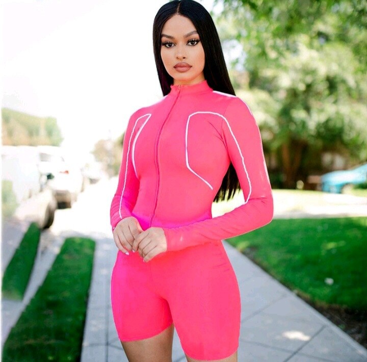 Women sexy front zipper-long sleeve neon color blocking rompers