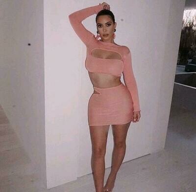 Women sexy cut out long sleeve crop top and bodycon skirt two-piece