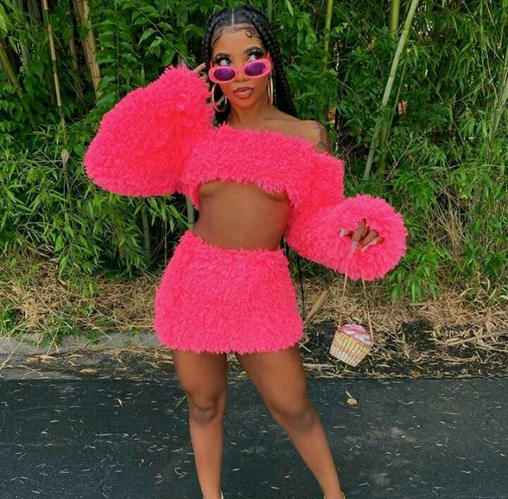 Women sexy plush off-the-shoulder long sleeve crop top and skirt two-piece set