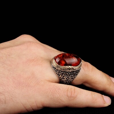 Pure 925 Silver Ring with red amber Stone