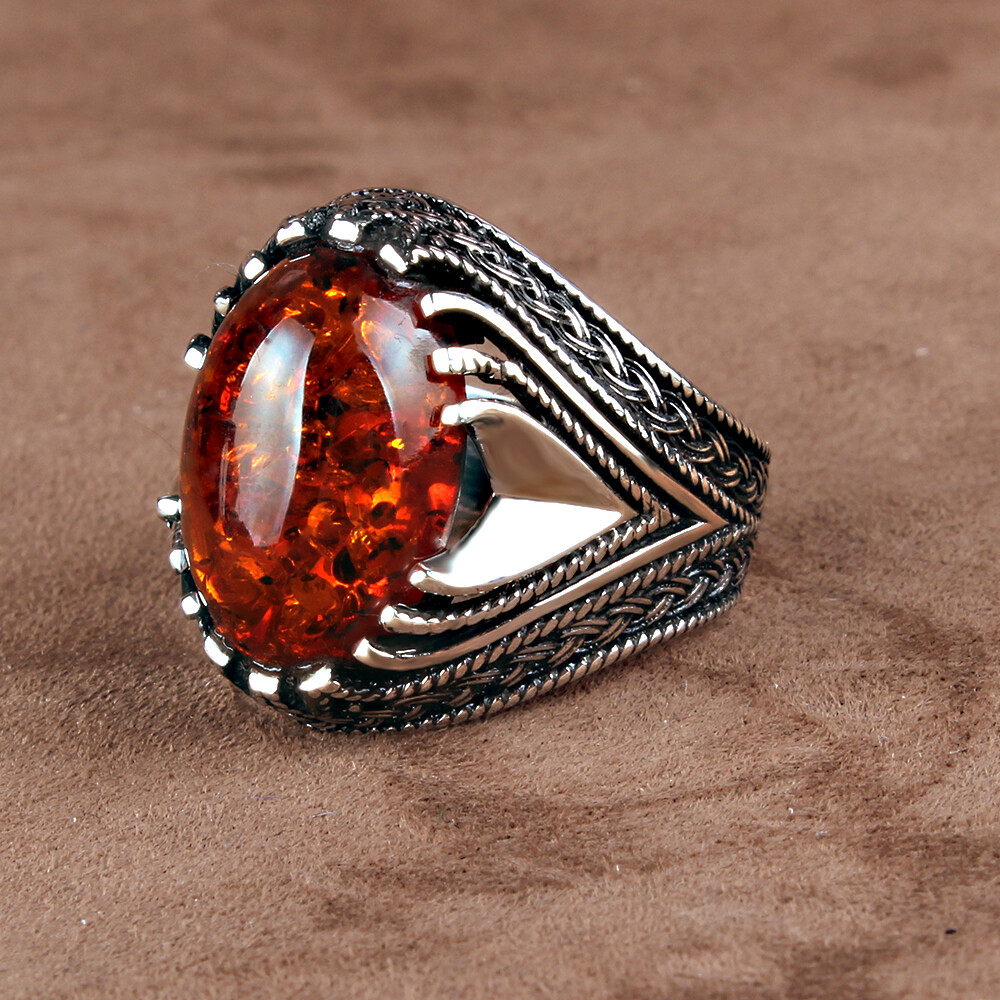 Hand Made Ring with red amber Stone