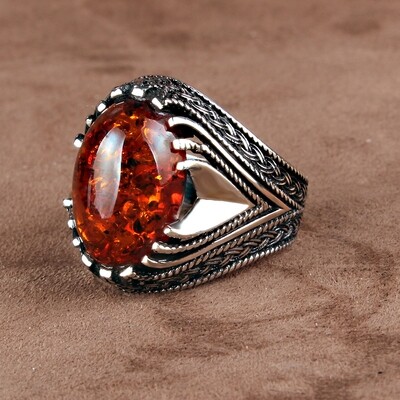 Hand Made Ring with red amber Stone